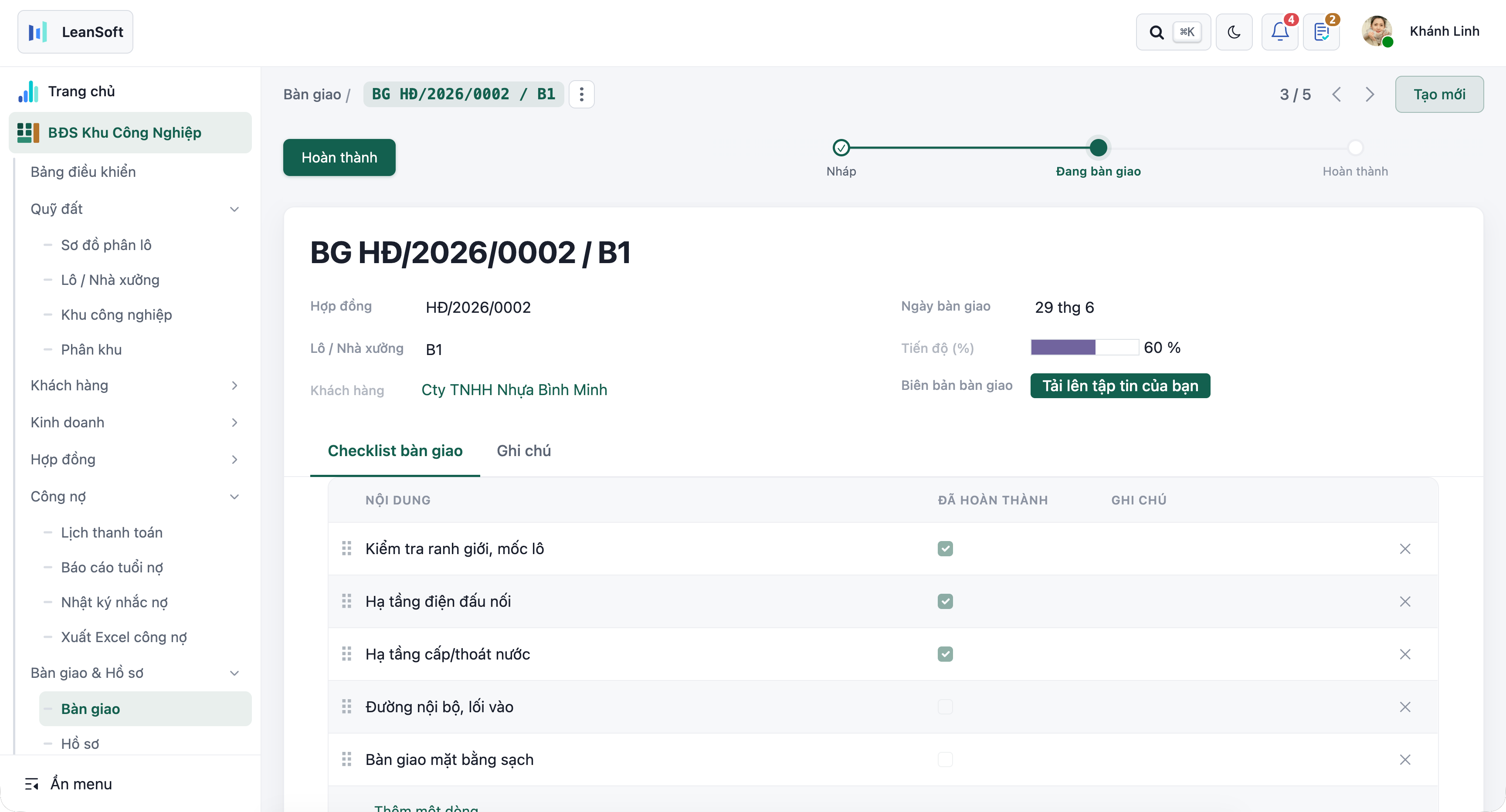 Bàn giao — checklist & hồ sơ thiếu/đủ